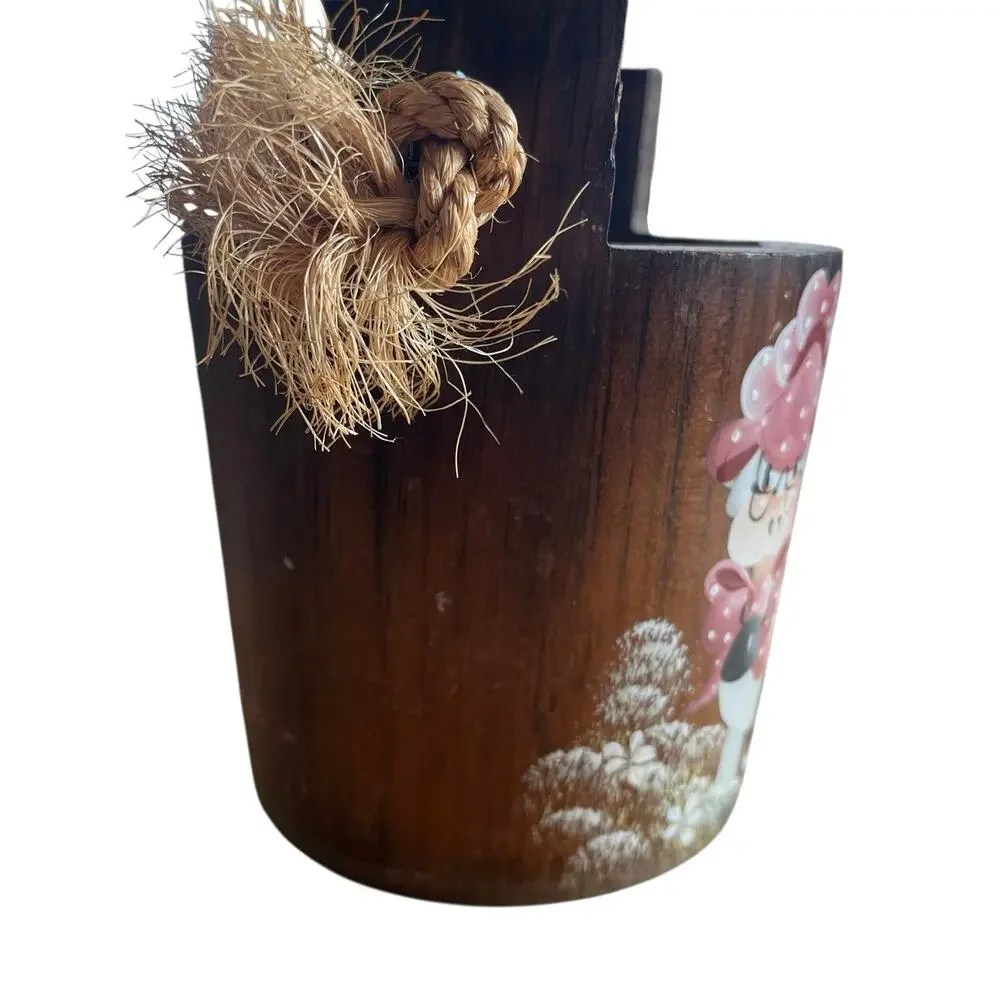 Wooden Bucket Cow Painted Retro 80s Tole Painted Kitsch Handmade Mauve Chic
